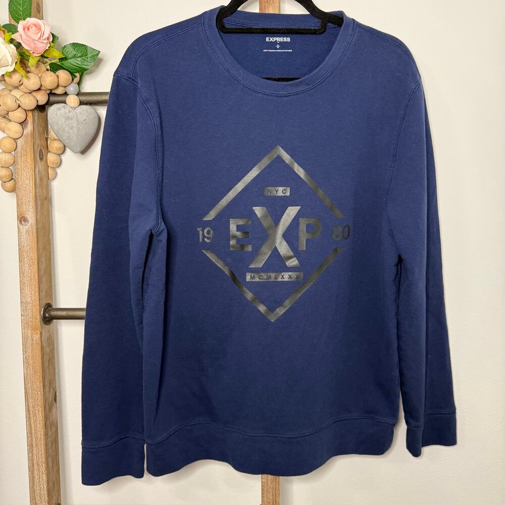 Express Mens Blue Crew Neck Sweatshirt Long Sleeve Size Large